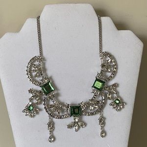 Silver tone green and white rhinestone women statement necklace. Pre-owned.